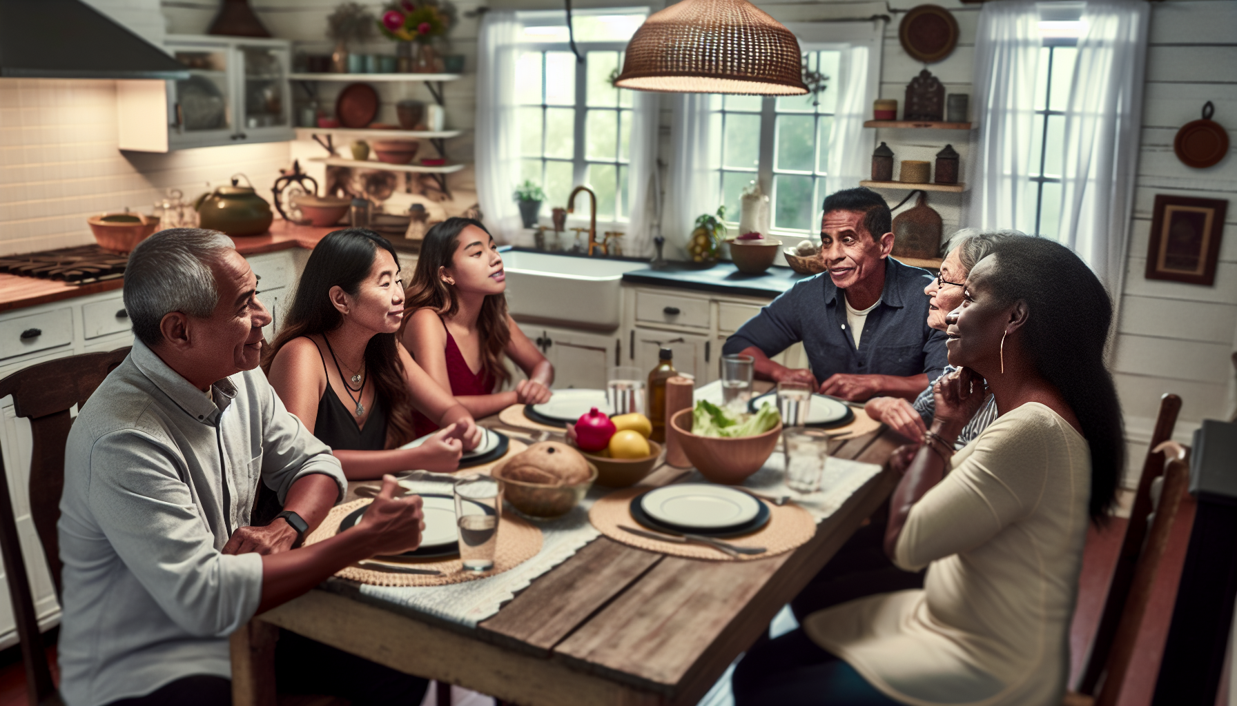 A woman sitting at a garden table, relaxed and engaged in conversation with friends